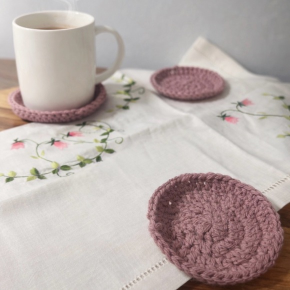 Source Unknown Other - Handmade Mauve Crochet Coaster Set Vintage Hand Embroidered table topper